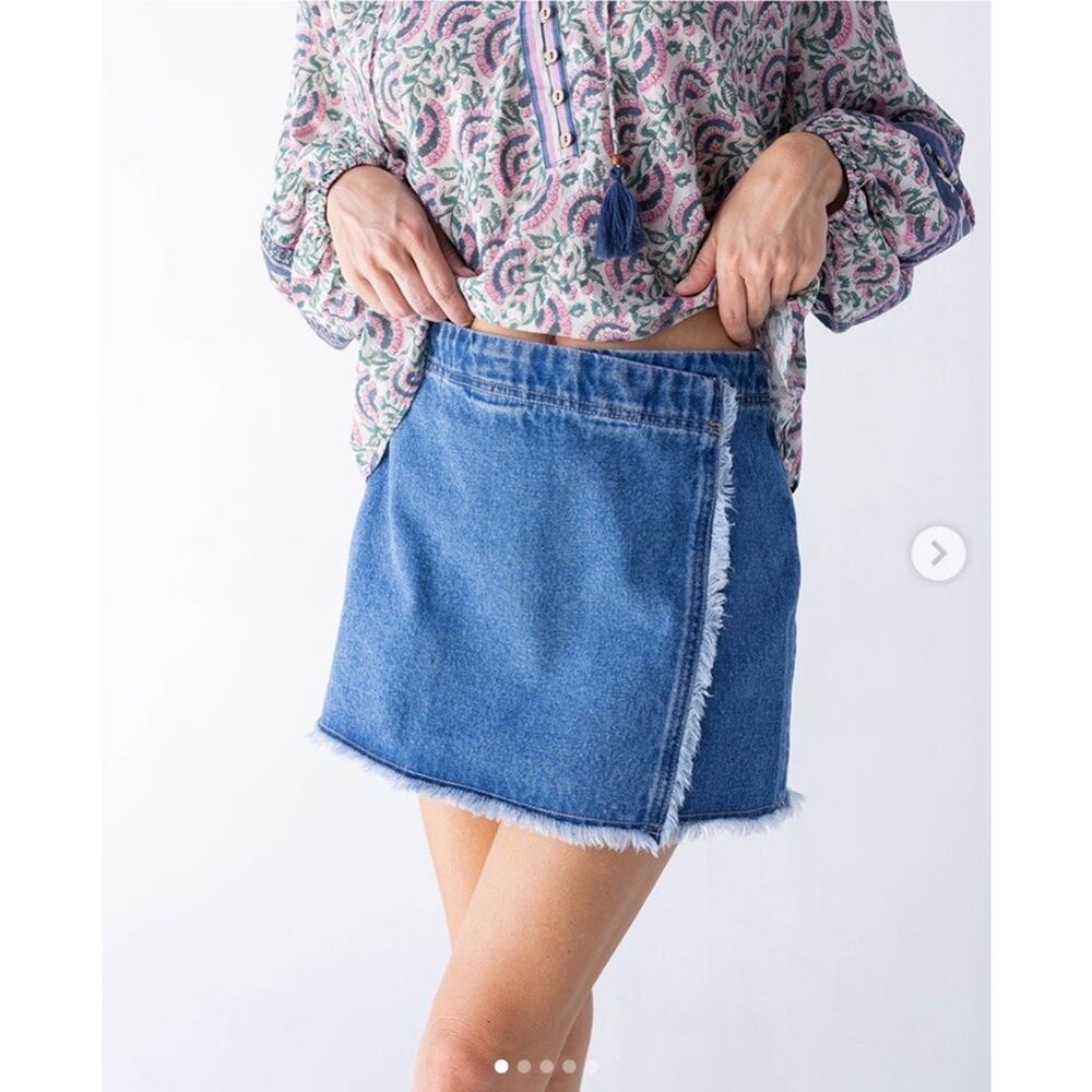 Natural Life Denim Wrap Skirt XL NWT Blue Frayed Raw Hem Asymmetrical Mini Boho